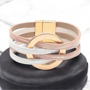 European two tone metallic Style Multi-Layered Magnetic Clap Bracelet
